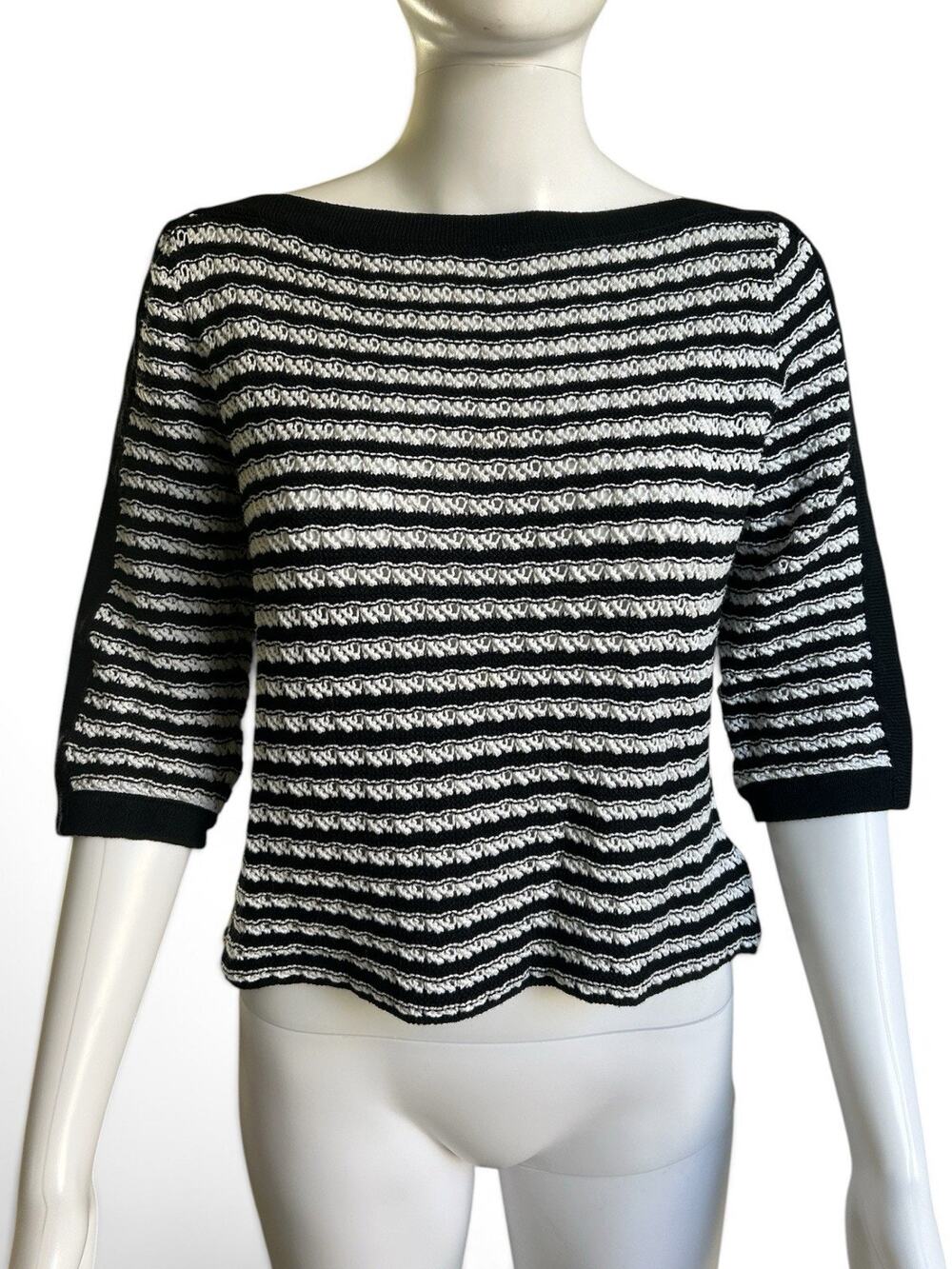 St John Womens Black White Wool Blend Textured Knit Boat Neck 3/4 Sleeve Top S